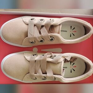 Isaac Mizrahi Live Pink and White Sneakers. Sleek Suede With Crystal Accents